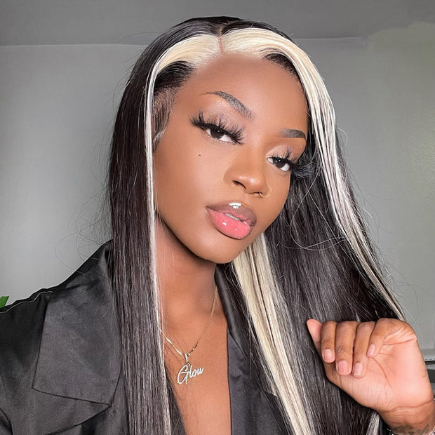 Clearance Sale|Highlights Blonde & Black Skunk Stripe Straight Lace Closure Human Hair Wigs 1B/613 Colored HD Transparent 13*4/4x4 Lace Front Wig With Baby Hair