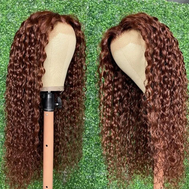 Pull Go Reddish Brown 33# Color Human Hair Water Wave Wig With Adjustable Drawstring Lace Front Wigs Pre-Plucked Hot Color Wigs