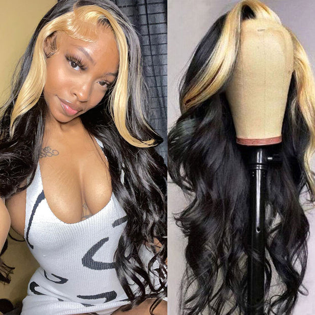 Skunk Stripe Wig with Blonde Highlights Body Wave 13x4 HD Lace Front Human Hair Wigs 220% Density with Streaks in Front