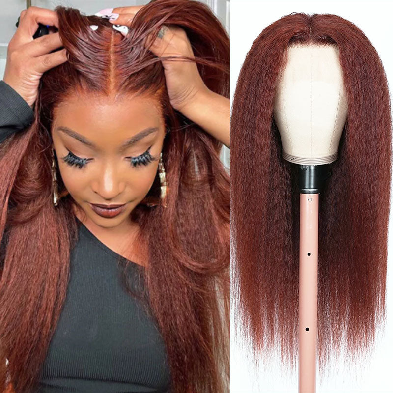 Reddish Brown Auburn Kinky Straight Wigs Pre Plucked with Baby Hair Affordable 33# Color Wig