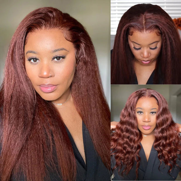 Reddish Brown Auburn Kinky Straight Wigs Pre Plucked with Baby Hair Affordable 33# Color Wig