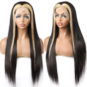 Skunk Stripe Wig with Blonde Highlights Body Wave 13x4 HD Lace Front Human Hair Wigs 220% Density with Streaks in Front