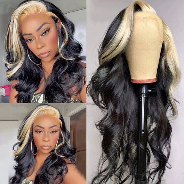 Flash Sale-Skunk Stripe Wig 13x4 Lace Frontal Wig Highlights 613# Blonde Body Wave Human Hair Wig