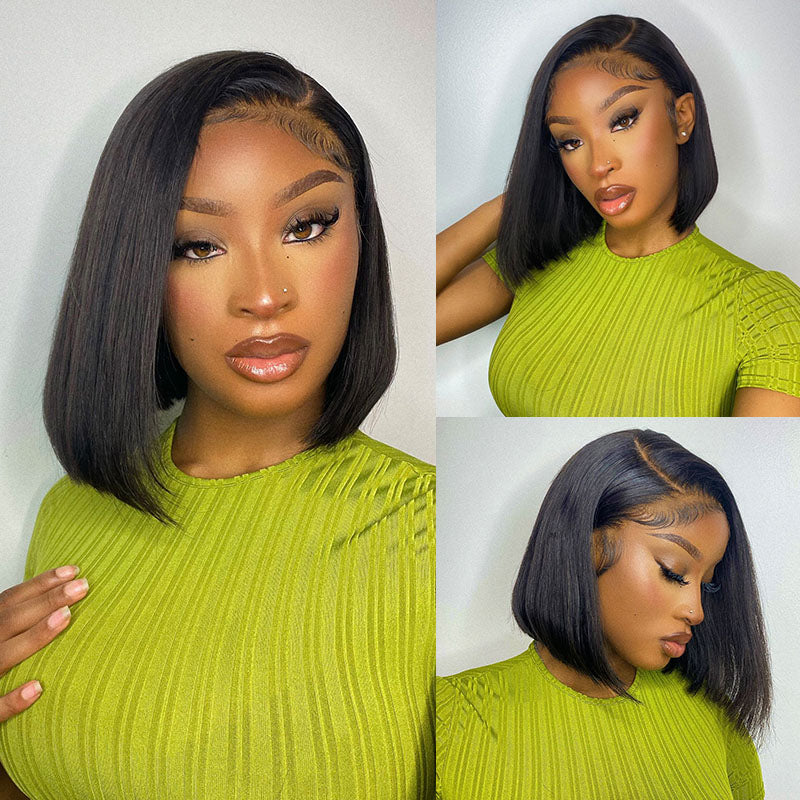 220% Straight Blunt Cut HD Lace Bob Wig Human Hair Wigs Pre Plucked Pre Bleached knots