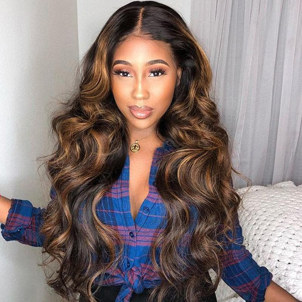 Blonde Lace Closure Wig Body Wave Frontal Wig Colored Ombre Human Hair Wigs 1B/30 Highlight Brazilian Natural Hair Wig 180% desntiy