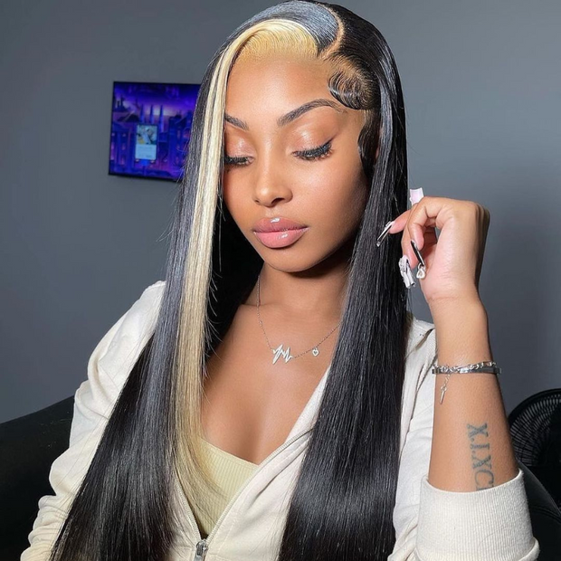 Clearance Sale|Highlights Blonde & Black Skunk Stripe Straight Lace Closure Human Hair Wigs 1B/613 Colored HD Transparent 13*4/4x4 Lace Front Wig With Baby Hair