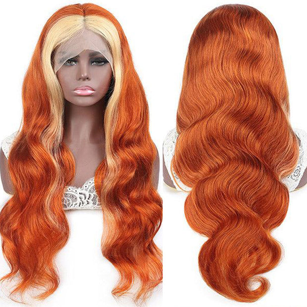 Ginger Orange With Blonde 613# Ombre Color Body Wave Hair 13*4 Lace Front Wig 220% Density Human Hair Wig