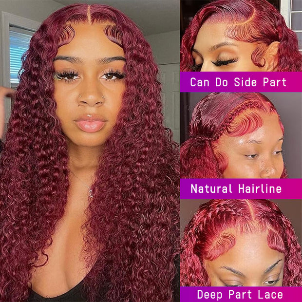 99J Colored Curly 13x4 13x6 HD Lace Frontal Real Human Hair Wigs Burgundy Glueless Human Hair Wig