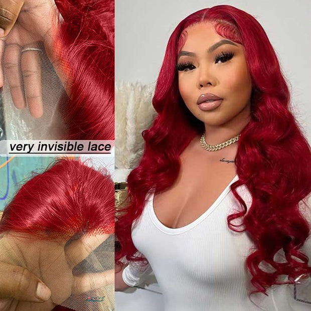 Red Color HD Transparent Body Wave Lace Front Wigs Colored Human Hair Pre plucked Bleached knots With Baby Hair