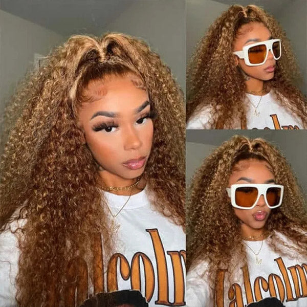 Glueless Curly Style Honey Blonde Piano Highlights Color 13x4/4x4 Wig Transparent Lace Wig