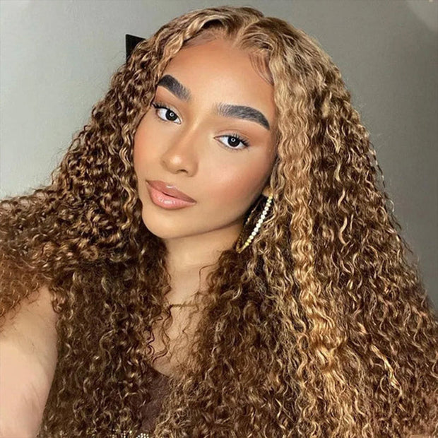 Highlight 4/27 Curly Hair HD Lace Wig Honey Blonde Ombre 13x4 Invisible Lace Frontal Human Hair Closure Wig Remy PrePlucked With Baby Hair