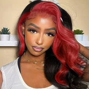 13X4 HD Lace Front Wig Black With Red Color Skunk Stripe Human Hair Wigs