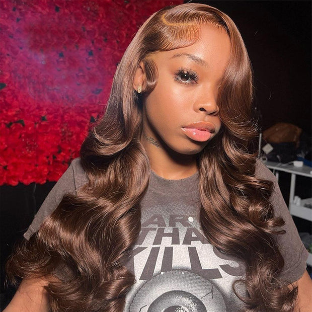 Chocolate Brown Colored 13*4 HD Lace Front Body Wave Wigs With Pre-plucked Hairline Human Hair Wigs