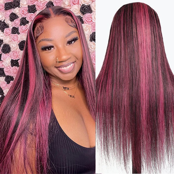 Black Hair With Purple Red Highlights Lace frontal Wigs Human Hair Body Wave/Straight Color Wig