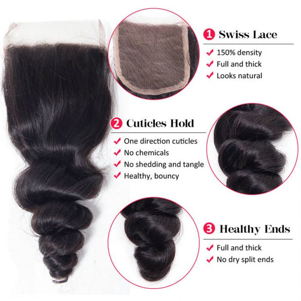 Loose Wave Human Hair 3 Bundles With 4*4 Lace Closure Free/Middle/Three Part 10A Unprocessed Virgin Hair