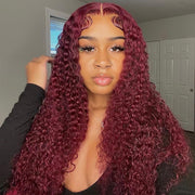 Clearance Sale|26 Inch Invisible HD Lace Burgundy 99J Curly Human Hair Wigs Colored Transparent 13X4 Lace Frontal Wig Preplucked Red Hair Wig