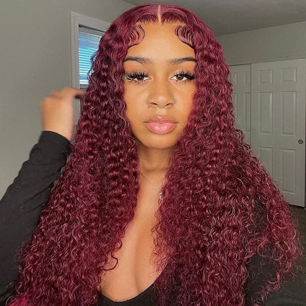 26 Inch Invisible HD Lace Burgundy 99J Curly Human Hair Wigs Colored Transparent 13X4 Lace Frontal Wig Preplucked Red Hair Wig