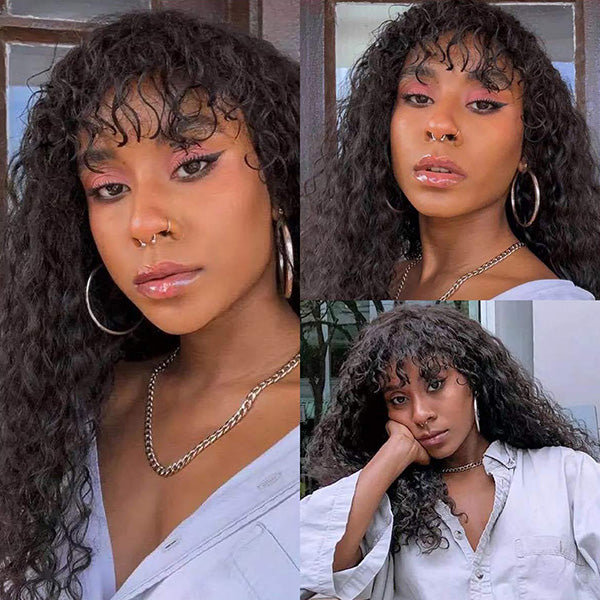 Water Wave Human Hair Wigs With Bangs No Lace Front Human Hair Wigs Full Machine Made Wig 180% Density