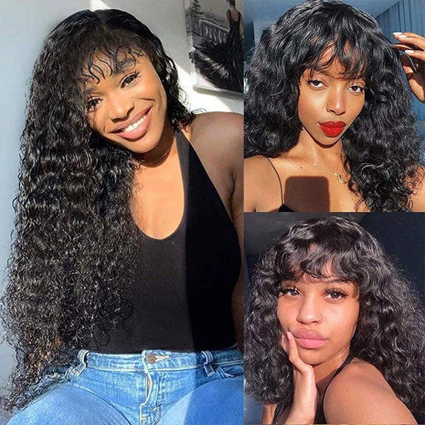 Water Wave Human Hair Wigs With Bangs No Lace Front Human Hair Wigs Full Machine Made Wig 150% Density