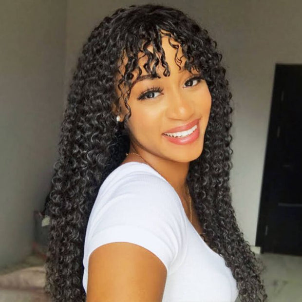 Curly Human Hair Wigs With Bangs 150% Density No Lace Front Human Hair Wigs Full Machine Made Wig
