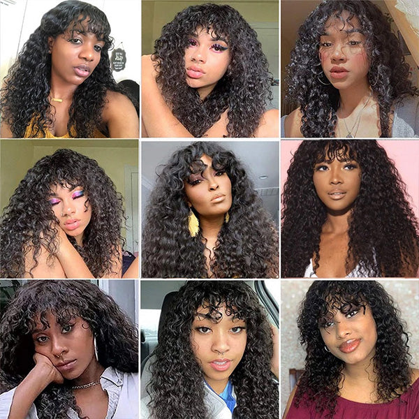 Curly Human Hair Wigs With Bangs 150% Density No Lace Front Human Hair Wigs Full Machine Made Wig