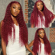 99J Burgundy Color Deep Wave Human Hair Wig 4x4 13x4 Transparent Lace Front Wig With Pre-plucked Hairline