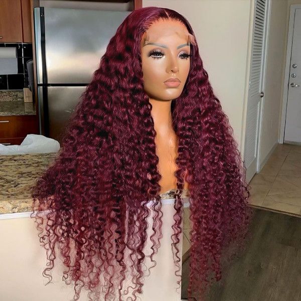 Light 99J Burgundy Color Deep Wave Human Hair Wig 4x4 13x4 Transparent Lace Front Wig With Pre-plucked Hairline