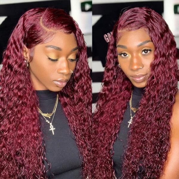 99J Burgundy Color Deep Wave Human Hair Wig 4x4 13x4 Transparent Lace Front Wig With Pre-plucked Hairline