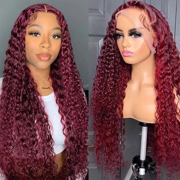 99J Burgundy Color Deep Wave Human Hair Wig 4x4 13x4 Transparent Lace Front Wig With Pre-plucked Hairline