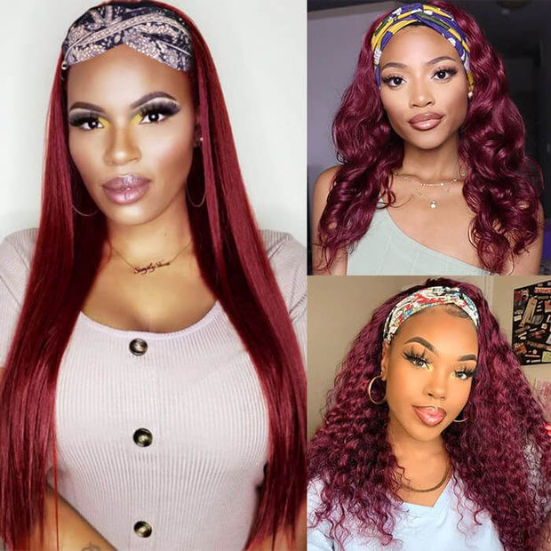 99j Burgundy Color Headband Wigs Human Hair Half Wig