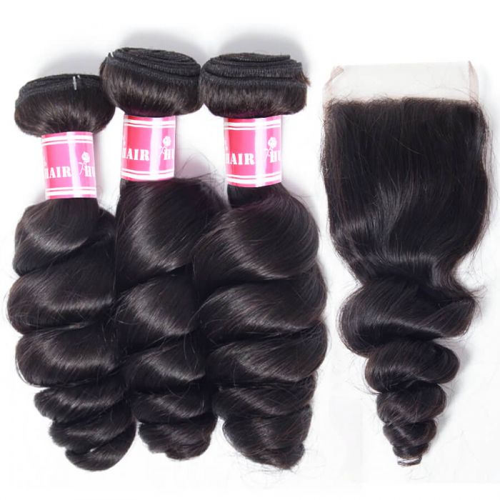 Loose Wave Human Hair 3 Bundles With 4*4 Lace Closure Free/Middle/Three Part 10A Unprocessed Virgin Hair