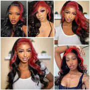 13X4 HD Lace Front Wig Black With Red Color Skunk Stripe Human Hair Wigs
