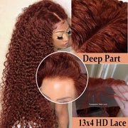 Skin Melt HD Lace 13X4 Curly Human Hair Wig New #33 Red Brown Auburn Color Wig For Women