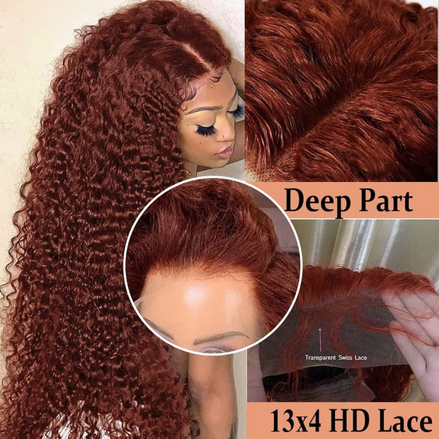 Skin Melt HD Lace 13X4 Curly Human Hair Wig New #33 Red Brown Auburn Color Wig For Women