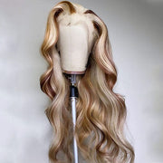 Glueless Blonde Balayage Highlight Long Wigs Colored Body Wave Human Hair Lace Front Wigs