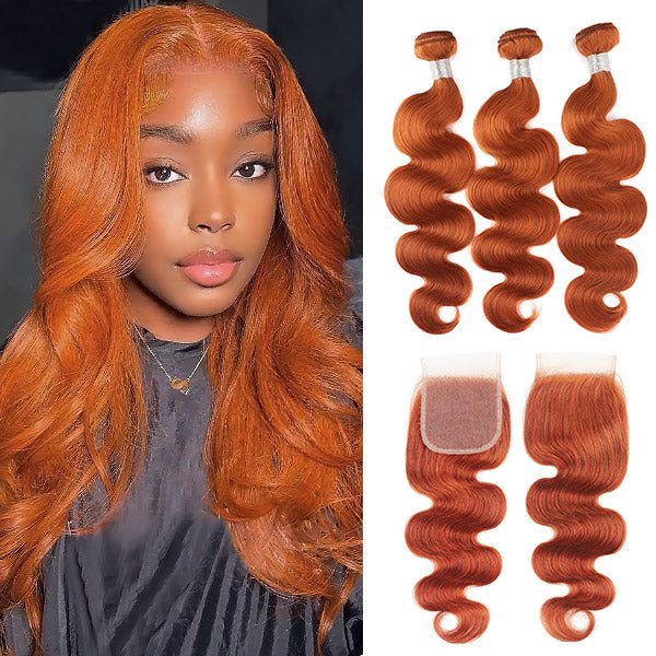 Ginger Orange Color Brazilian Body Wave 3 Bundles With 4*4 Lace Closure Human Hair Extensions