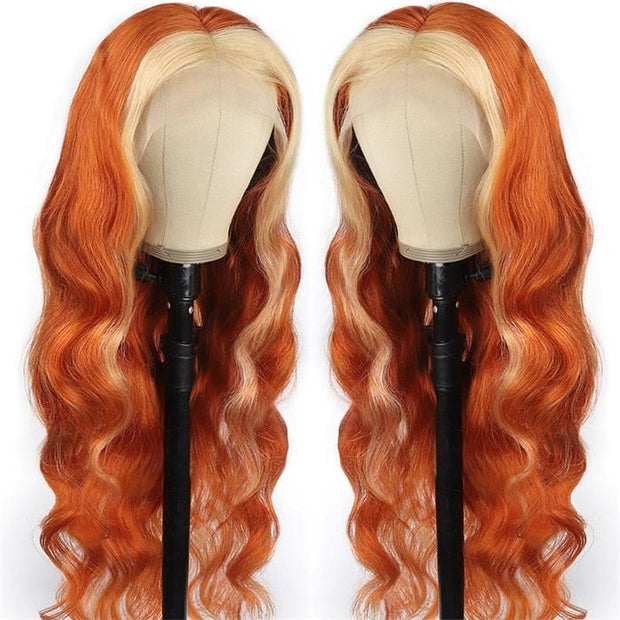 Ginger Orange With Blonde 613# Ombre Color Body Wave Hair 13*4 Lace Front Wig 220% Density Human Hair Wig