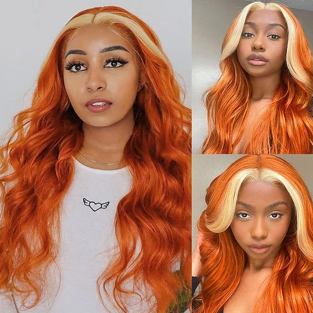 Ginger Orange With Blonde 613# Ombre Color Body Wave Hair 13*4 Lace Front Wig 220% Density Human Hair Wig