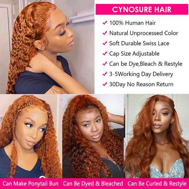 Ginger Orange Brazilian Curly Lace Front Human Hair Wigs 13X4 HD Transparent Lace Glueless Lace Wig