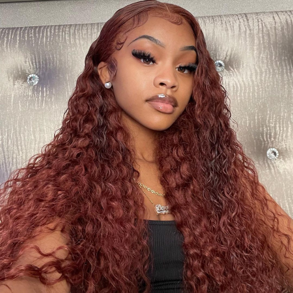 Water Wave #33 Colored Reddish Brown Wig 4x4 Transparen Lace Closure Human Hair Wigs With Baby Hair