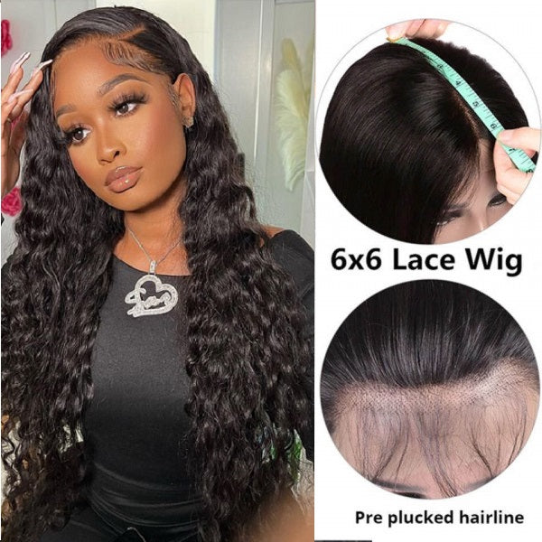 Invisible Lace 6x6 Lace Closure Wigs Glueless Water Wave Human Hair Wigs Pre Plucked