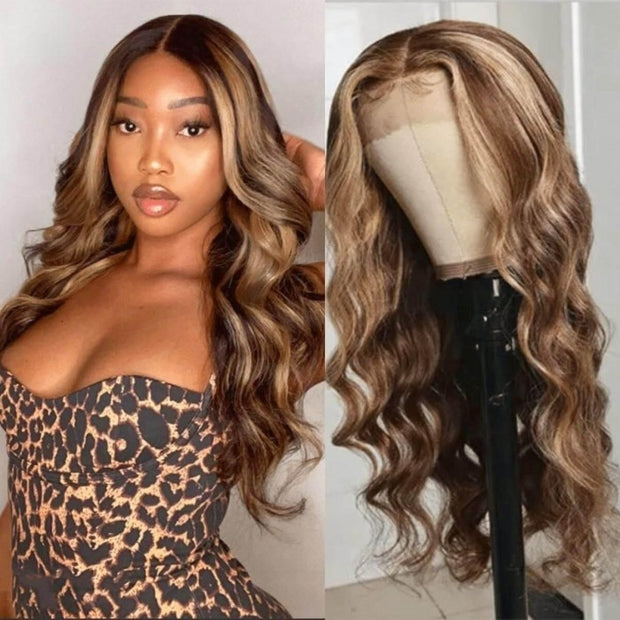 Piano Highlight 13x4 HD Lace Front Body Wave Honey Blonde 180% Density Human Hair Lace Frontal Wig