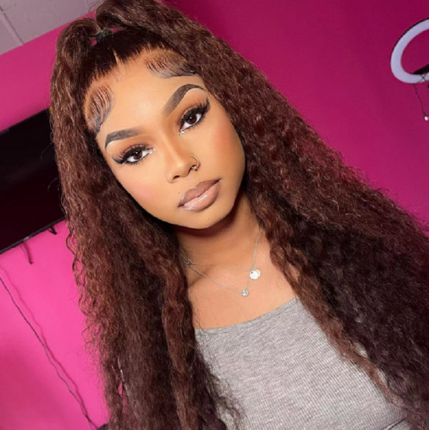 Water Wave #33 Colored Reddish Brown Wig 4x4 Transparen Lace Closure Human Hair Wigs With Baby Hair