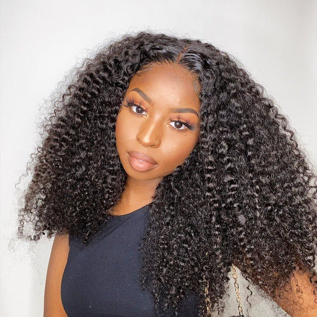 Pull Go V Part Kinky Curly Wig Upgrade Elastic Drawstring Fit All Sizes Put On & Go Glueless  Human Hair Wig Afro Curly Style