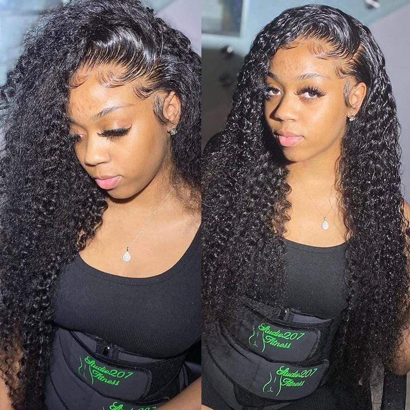 Natural Kinky Curly Glueless Human Hair Wig HD Transparent Lace Front Wigs Invisible Small Bleached Knots