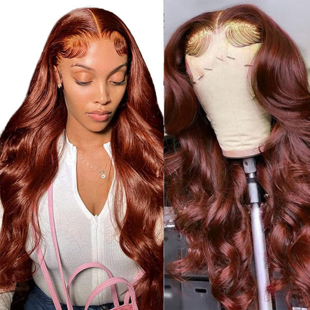 Glueless Invisible HD 13x6 Lace Front Wig #33 Reddish Brown Body Wave Human Hair Wigs