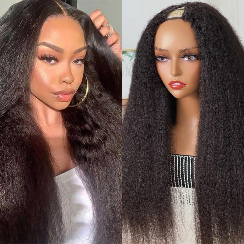 Beginner Friendly Kinky Straight V Part Wig Human Hair Super Natural Protective Style 220% Density