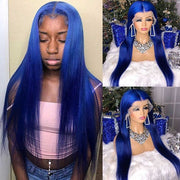 Klein Blue Straight Transparent Lace Front Wig Pre plucked Bleached knots Brazilian Human Hair Wigs For Women