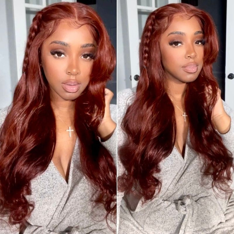 #33 Reddish Brown Body Wave 5x5 HD Lace Glueless Affordable Human Hair Wigs For Deep Skin Tones Lace Colored Wigs