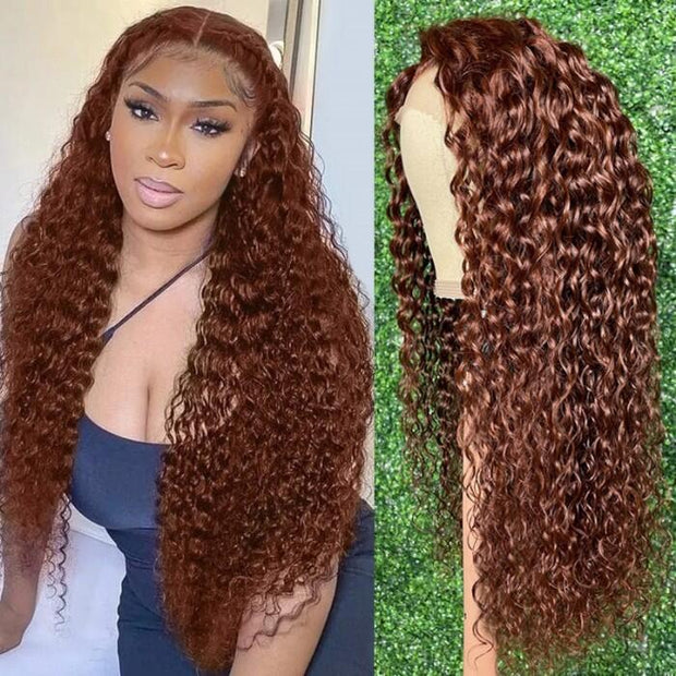 Glueless HD Lace Water Wave Hair Wig #33 Reddish Brown Color 5x5 Transparent Lace Closure Human Hair Wigs